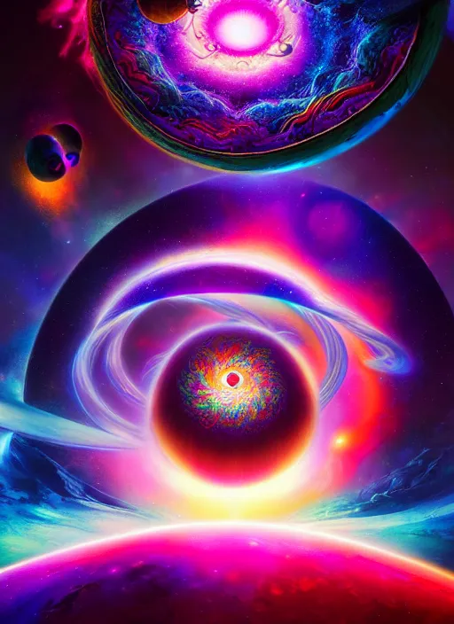 Image similar to psychedelic travelers, planets and mushrooms, psychedelic blackhole swirled imagery by artgerm, pablo amaringo, greg rutkowski, louis dyer visionary art. space art. lucien rudaux, cosmos, vivid colors, sharp edges. ultra clear detailed. 8 k. elegant, intricate, octane render