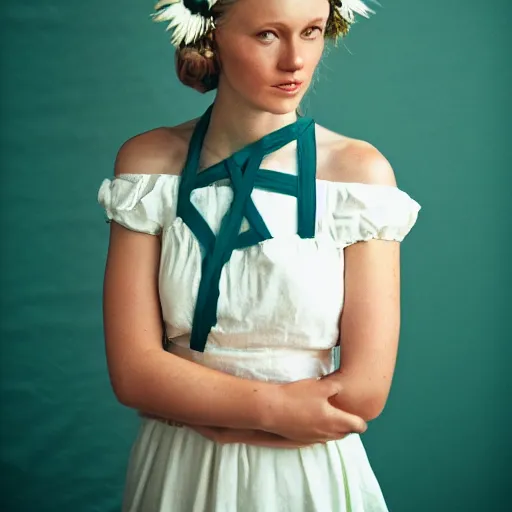 Image similar to a photograph of beautiful nordic woman wearing a white folkdrakt dress, she has a summer flower headband. against a teal studio backdrop. strong kodak portra 4 0 0 film look. film grain.