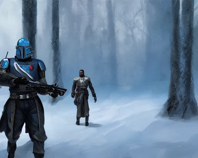 Image similar to jango fett killed 2 0 dead jedi, blood, in a snow forest, concept art highly detailed, great cinematic lighting, 8 k, depth of field, 3 d, art by greg rutkowski, trending on artstation, cinematographic shot