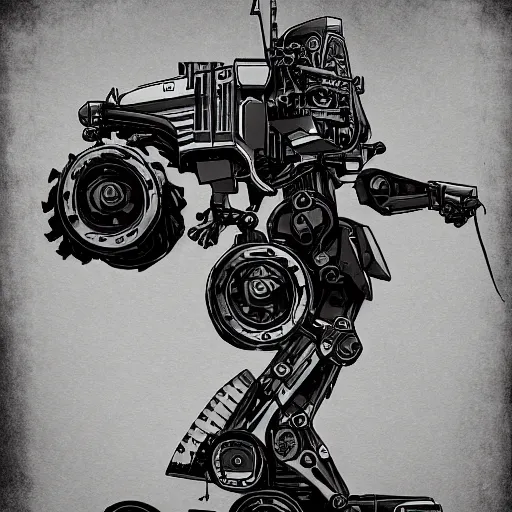 Image similar to Old tractor turned into a walker mech, black and white Battletech mech art, digital painting, white background