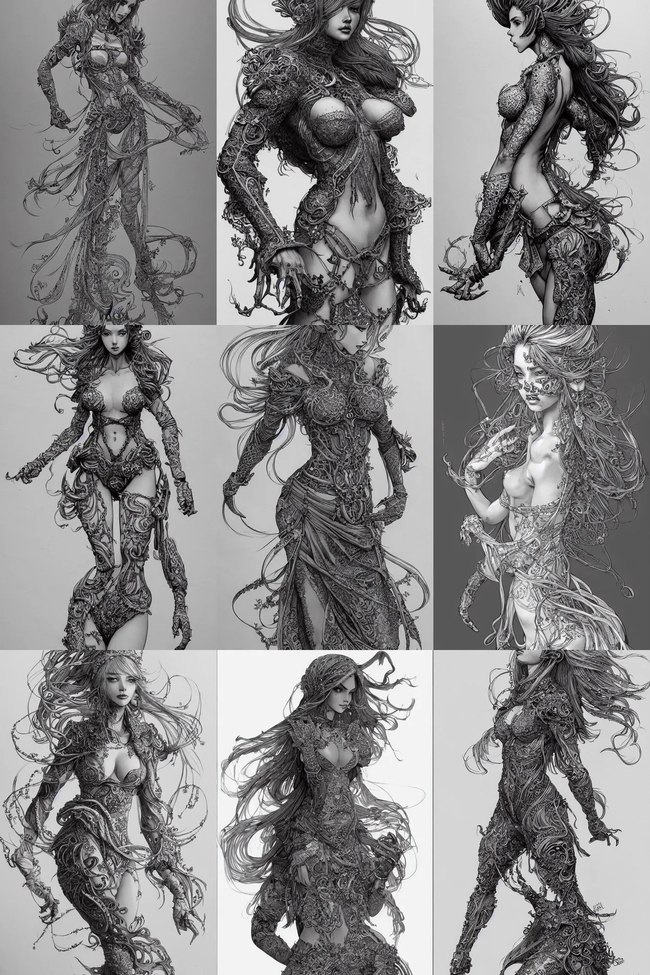 Prompt: beautiful female figure, full body shot, long hair, fantasy, intricate, elegant, highly detailed, artstation, ink on paper, concept art, drawing by kim jung gi