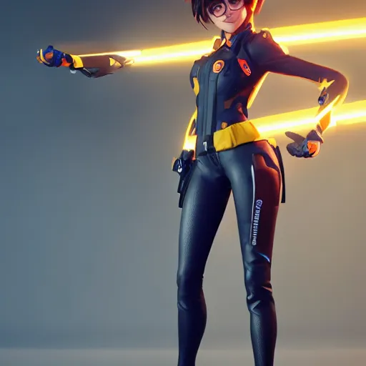 Image similar to a full body portrait of tracer from overwatch wearing skintight leather jacket, trending on artstation, artstationhd, artstationhq, full body shot, octane render, unreal engine, 3 d render detailed body, detailed face, artwork by tooth wu and wlop and beeple and greg rutkowski