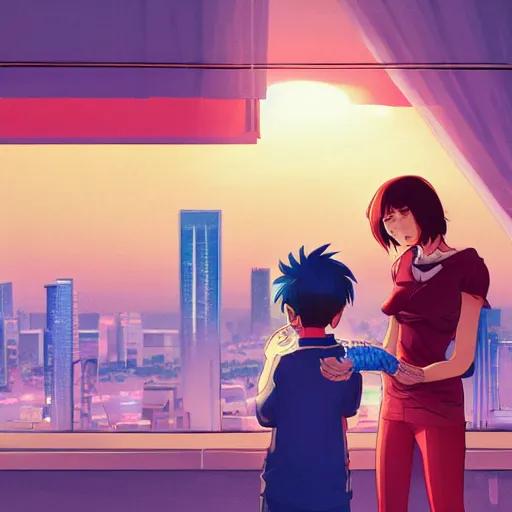 Prompt: A proud mother cutting her son's hair , Karachi skyline background, rich vivid colors, ambient lighting, dynamic lighting, 4k, HQ, official media, anime key visual, makoto shinkai, ilya kuvshinov, lois van baarle, rossdraws, detailed, trending on artstation