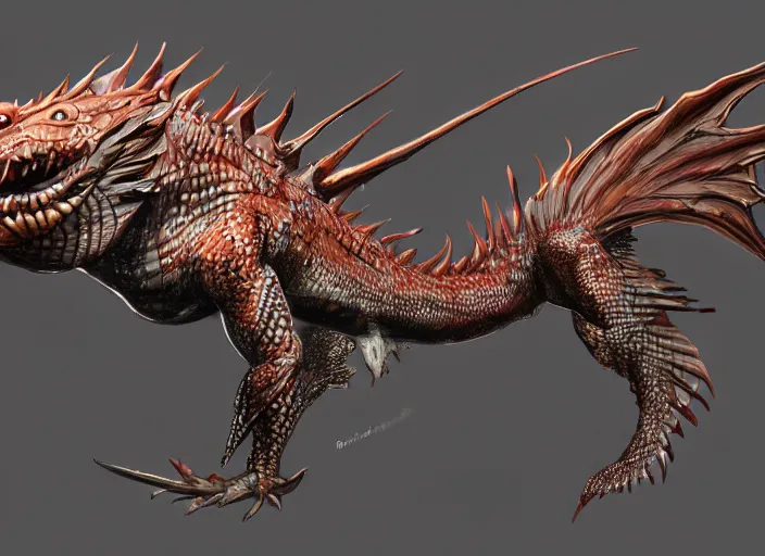 Image similar to detailed concept art of a dragon fish character by richard anderson, artstation, artstationhd, detailed scales, detailed texture, concept sheet