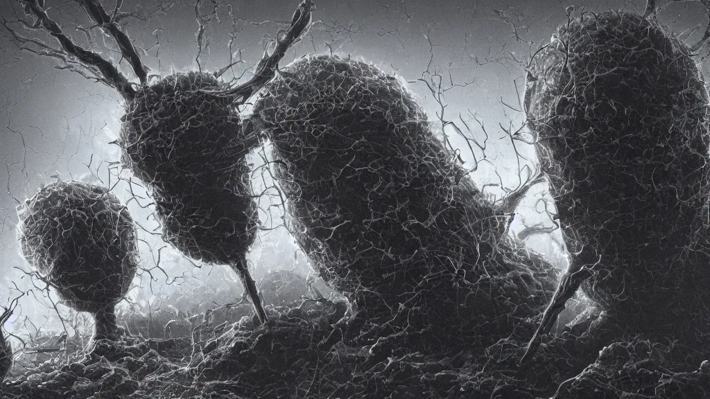 Prompt: a beautiful microscopic scientific photo of Donald Trump virus and a strange life form seen through an electron microscope, dark, sinister, detailed, art by Greg Rutkowski