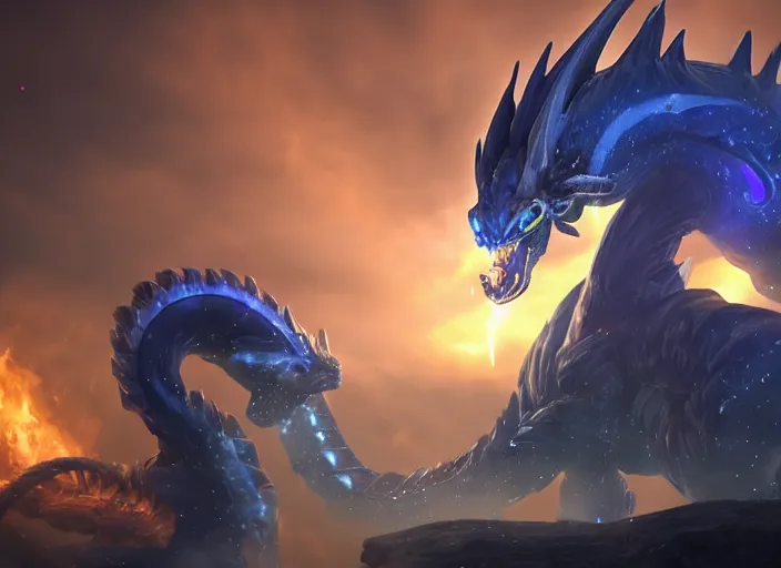 Prompt: aurelion sol and deathwing face to face, ultra realistic 4 k unreal engine very cinematic render with ray tracing bloom ambient occlusion strong reflections depth of field fog