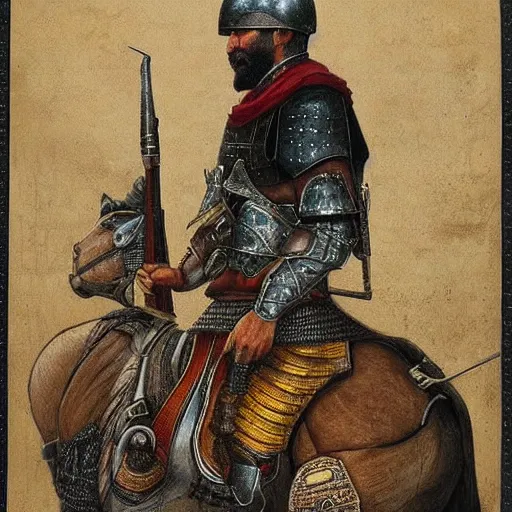 Image similar to portrait of a Islamic warrior, ready for battle, epic, highly detailed