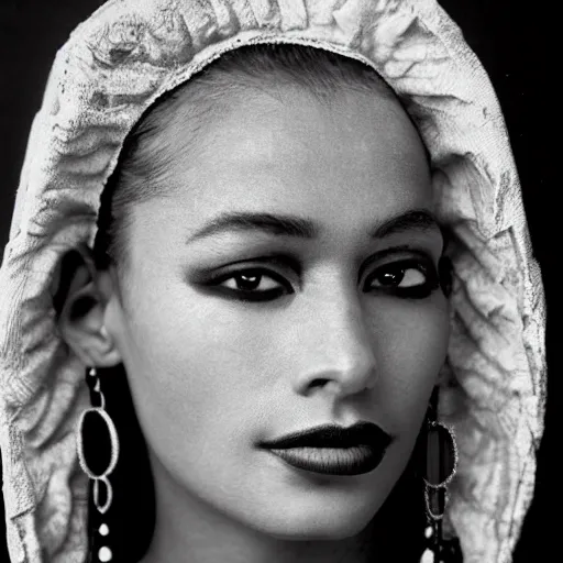 Prompt: black and white vogue closeup portrait by herb ritts of a beautiful female model, mayan, high contrast