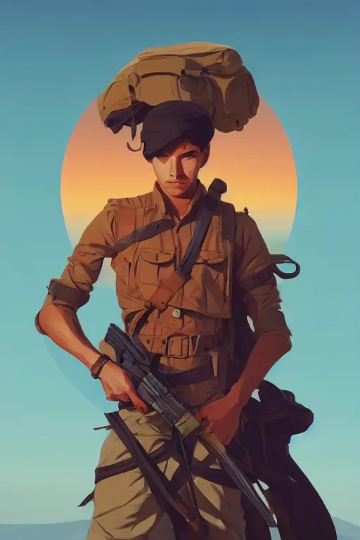 Image similar to desert soldier, smooth face, centered, solid bacgkround, median photoshop filter cutout vector behance, hd by artgerm, jesper ejsing, by rhads, makoto shinkai and lois van baarle, ilya kuvshinov, rossdraws, illustration, art by ilya kuvshinov and gustav klimt