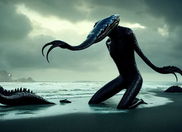 Prompt: a stunning cinematic extreme wide shot of an adorable fearful slick sleek smooth humanoid sea monster wearing clothes made of seaweed on a dark stormy beach, well designed perfect with huge luminous sad eyes, sharp claws, cgsociety, hd octane render, fantasy, furry art, artstation, deviantart, furaffinity, very very clean