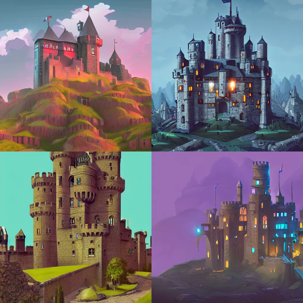Prompt: medieval castle turning into a robot, digital illustration, 4 k, cinematic lighting, bold color palette, retrofuturistic, highly detailed, very realistic