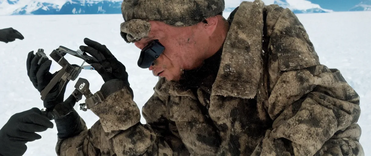 Image similar to filmic extreme close up shot movie still 4 k uhd interior 3 5 mm film color photograph of a scientist attacking a camouflaged solder in a lab in antarctica by grabbing him with his claw