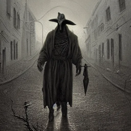 Image similar to plague doctor walking through a town ravaged by plague, dark, creepy, death, disease, hyperdetailed, concept art in a style of zdzislaw beksinski