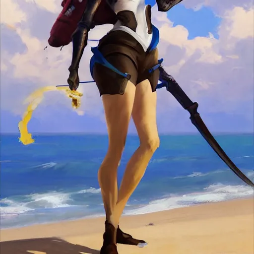 Image similar to greg manchess portrait painting of tracer from overwatch as 2 b nier automata on the beach holding a sword, organic painting, sunny day, matte painting, bold shapes, hard edges, street art, trending on artstation, by huang guangjian and gil elvgren and sachin teng