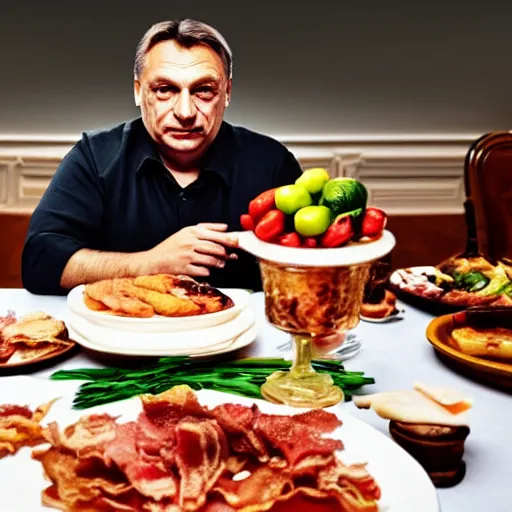 Image similar to portrait of viktor orban proudly sitting behind a table full of bacon