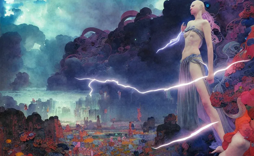 Prompt: the revenge of the lightning goddess, fantasy. intricate, amazing composition, colorful watercolor, by ruan jia, by maxfield parrish, by marc simonetti, by hikari shimoda, by robert hubert, by zhang kechun, illustration, gloomy