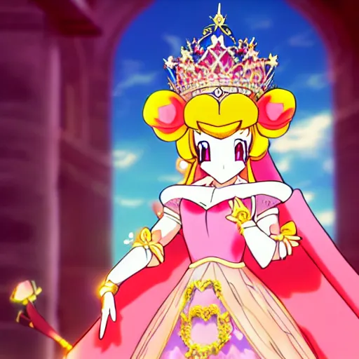 Prompt: young princess peach crowned empress of the mushroom kingdom, anime style, coronation, cinematic lighting, 1 6 th century,