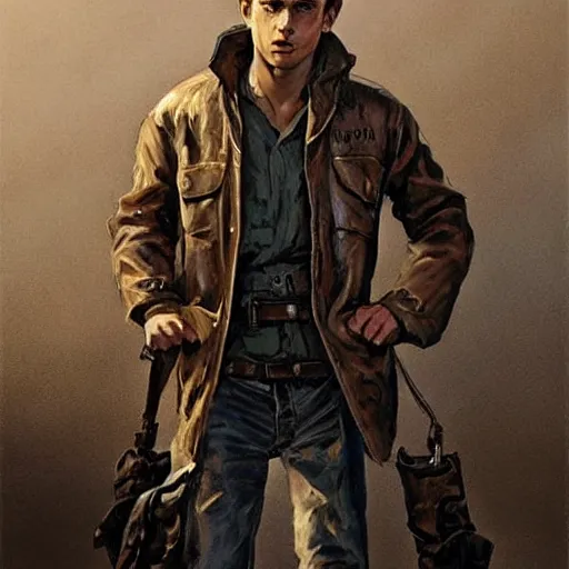 Image similar to a highly detailed epic cinematic concept art CG render digital painting artwork costume design: young James Dean as a well-kept neat anarchist rebel in 1950s USSR mechanic outfit and big boots. By Greg Rutkowski, Ilya Kuvshinov, WLOP, Stanley Artgerm Lau, Ruan Jia and Fenghua Zhong, trending on ArtStation, subtle muted cinematic colors, made in Maya, Blender and Photoshop, octane render, excellent composition, cinematic atmosphere, dynamic dramatic cinematic lighting, aesthetic, very inspirational, arthouse