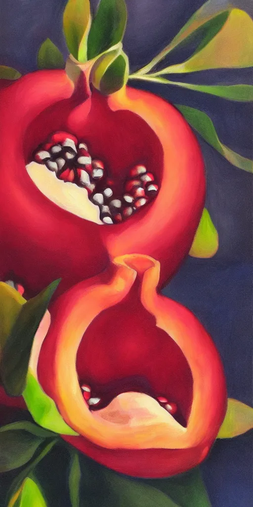 Prompt: pomegranate, georgia o'keefe painting, romantic, feminine, curvy