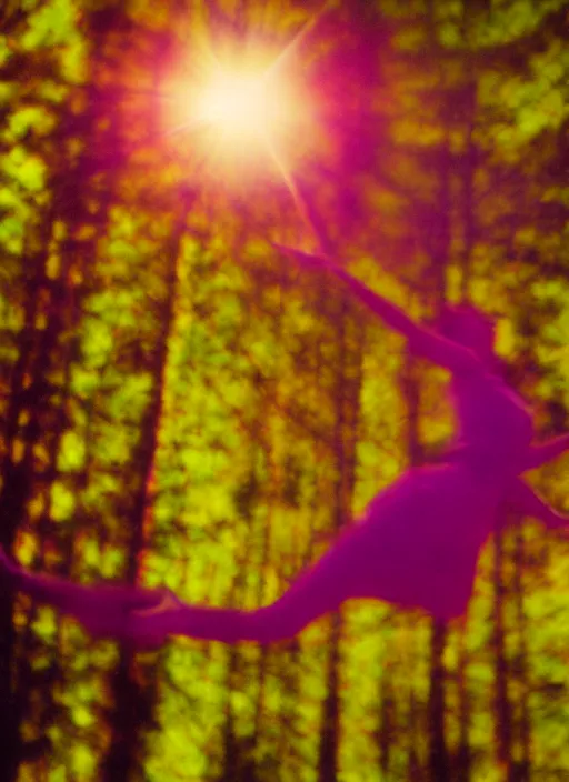 Image similar to female ascending into the sky, glowing aura, motion blur, out of focus, film grain, cinematic lighting, experimental film, shot on 1 6 mm