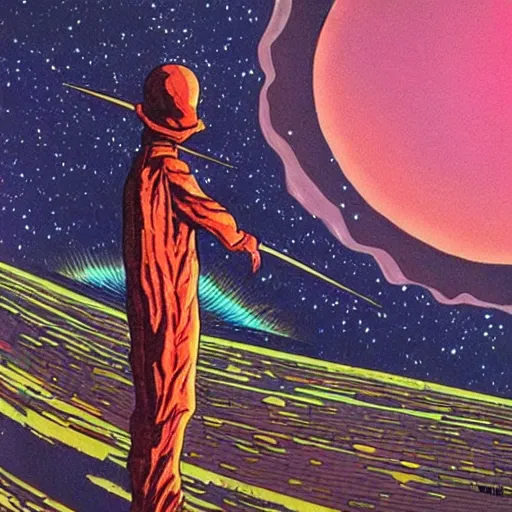 Image similar to Into darkest cosmos alien planet traveler ,painting of Moebius