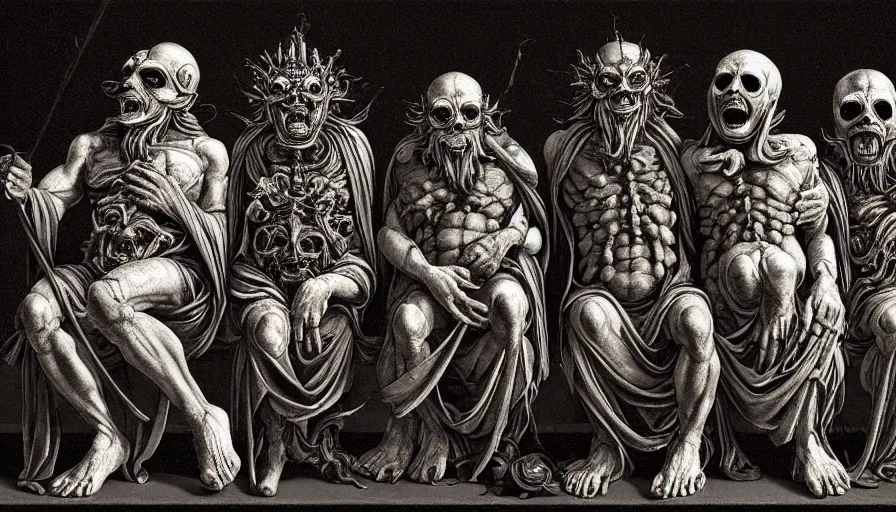 Image similar to highly detailed three wise dark rotting god sit on the trons, see no evil, hear no evil, speak no evil, anime, night, death, fear, horror, religion, monochrome, by caravaggio, hyperrealism, detailed and intricate environment