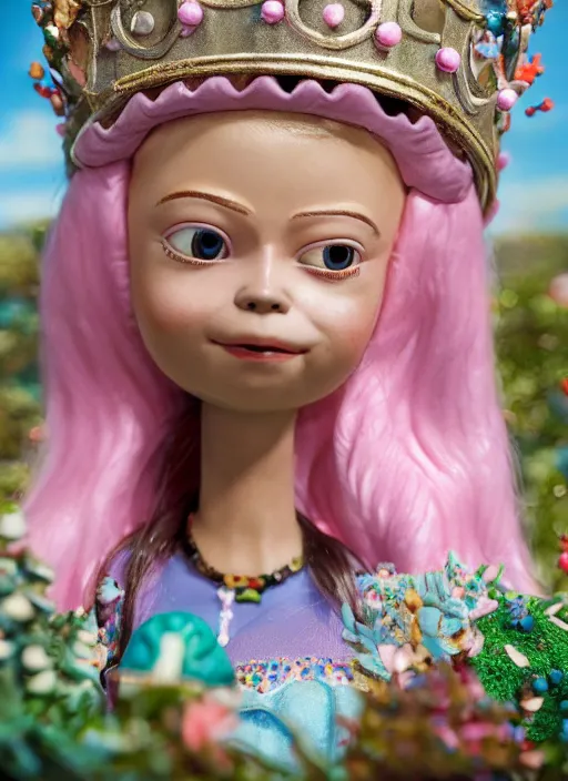 Image similar to closeup face profile portrait of tin toy greta thunberg as a fairytale princess wearing a crown eating cakes, bikini, depth of field, zeiss lens, detailed, symmetrical, centered, fashion photoshoot, by nicoletta ceccoli, mark ryden, lostfish, breathtaking, 8 k resolution, extremely detailed, beautiful, establishing shot, artistic, hyperrealistic, octane render