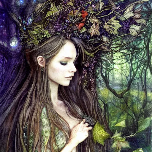 Prompt: fey queen of the summer forest, dress of leaves, fine features, thin, young, silver shimmering hair, by brian froud, dusk scene, night colors, oil on canvas, oil panting