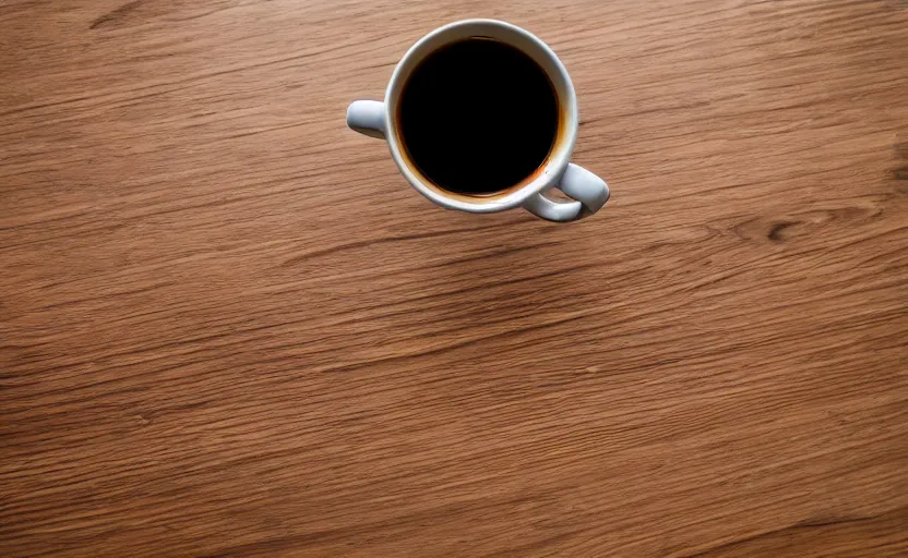 Image similar to top view of a wooden table with a cup of coffee, natural light, cinematic lighting, 8 k