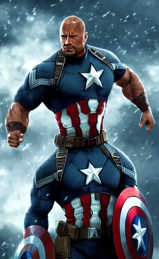 Image similar to dwayne johnson as captain america, dynamic lighting, cinematic, ultra detailed, trending on art station, stunning visuals, creative, fantasy concept art