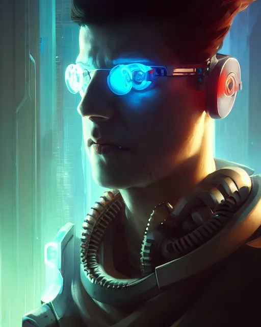 Image similar to cyberpunk male portrait, handsome, sci fi, cyborg, gears, complex 3 d render by peter mohrbacher, ilya kuvshinov, greg rutkowski, ryohei hase, dramatic lighting, intricate, highly detailed, sharp focus, luminous, unreal engine, blender, artstation, masterpiece, ray tracing