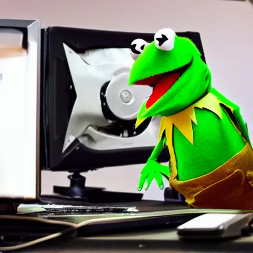 Prompt: “Kermit the frog builds a desktop pc, leaning over a desktop pc computer case tower atx with a screwdriver and instruction manual, 4k photo unreal”