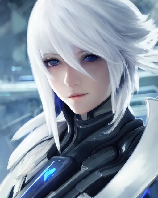 Image similar to perfect white haired girl, warframe armor, beautiful, dreamy, half asian, pretty face, blue eyes, detailed, windy weather, scifi platform, laboratory, experiment, 4 k, ultra realistic, epic lighting, cinematic, high detail, masterpiece, art by akihito tsukushi, akihiko yoshida, voidstar