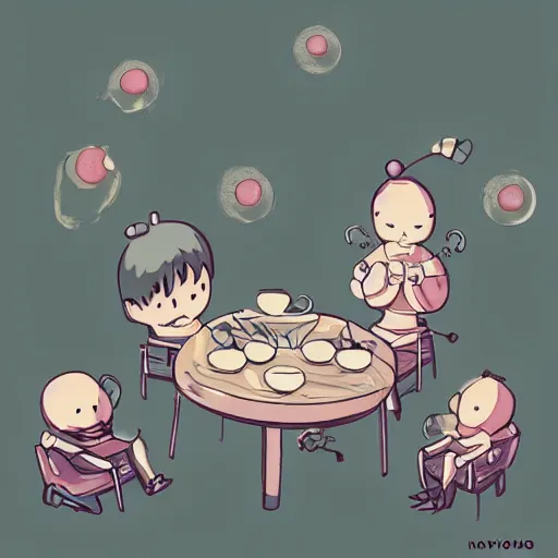 Image similar to tiny imaginary creatures having tea party inside a humans beard. anime. in a style of hayao miyazaki.