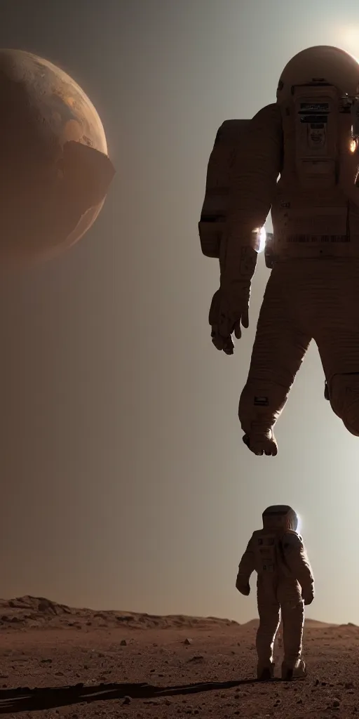 Image similar to concept art, american astronauts in the distance + new lightweight spacesuit landing on mars, musk's mars migration program, cyberpunk, backlight, epic, high detail, 8 k, octane rendering, unreal engine.