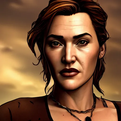 Image similar to kate winslet portrait, borderlands, tales from the borderlands, the wolf among us, comic, cinematic lighting, studio quality, 8 k