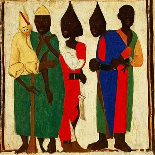 Prompt: A 15th century medieval renaissance oil painting of african made by Jacob Lawrence, no crop