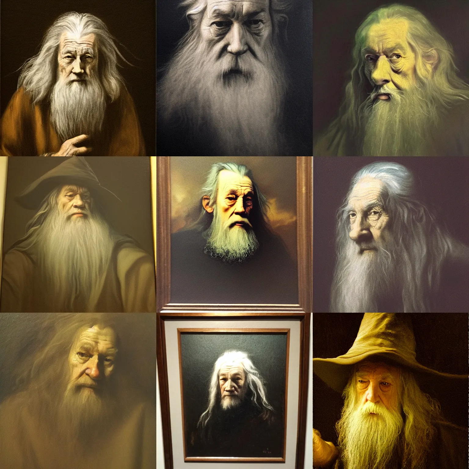 Prompt: portrait of * * * gandalf, the gray * * * ( melancholic, thoughtful ), * * * low key lighting * * *, dark bacgkground, oil canvas by rembrandt