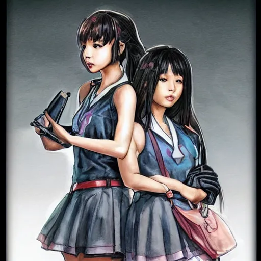 Image similar to a perfect, realistic professional digital sketch of a videogame, two Japanese schoolgirls posing, in style of Marvel, full length, by pen and watercolor, by a professional American senior artist on ArtStation, a high-quality hollywood-style sketch, on high-quality paper