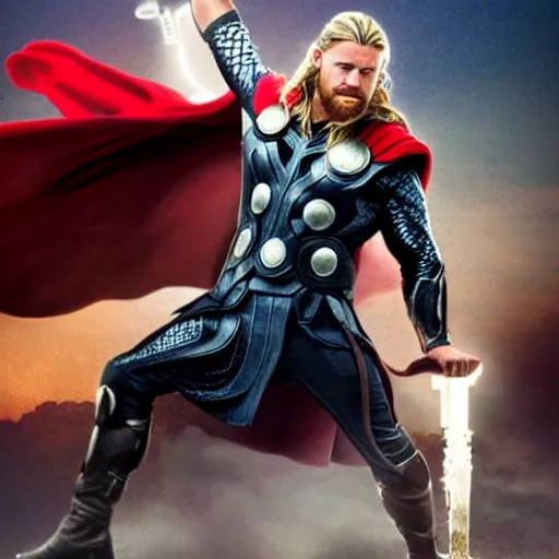 Prompt: baddas photo of thor holding hammer