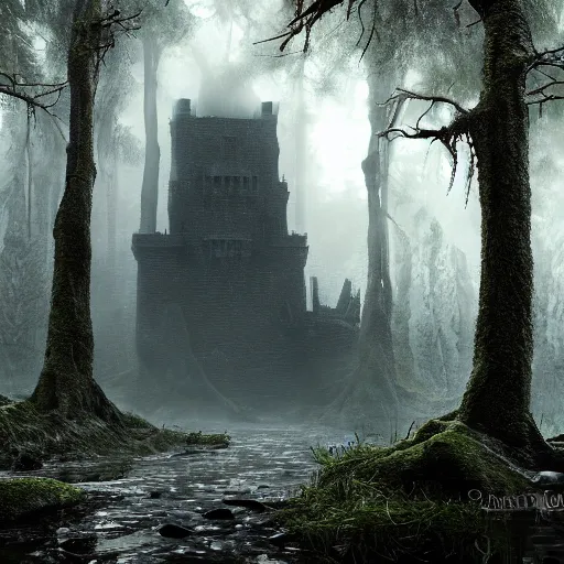 Image similar to full body pose, hyperrealistic photograph of the black keep of rotbog swamp, dim volumetric lighting, 8 k, octane beautifully detailed render, extremely hyper detailed, intricate, epic composition, cinematic lighting, masterpiece, trending on artstation, very very detailed, stunning, hdr, smooth, sharp focus, high resolution, award, winning photo, dslr, 5 0 mm