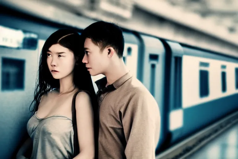 Image similar to vfx movie closeup couple in a train station flat color profile low - key lighting award winning photography cinematography, beautiful natural skin, atmospheric cool color - grade