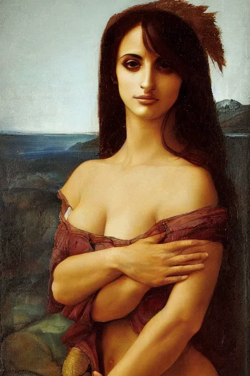 Image similar to oil painting, portrait of penelope cruz, artwork by leonardo da vinci