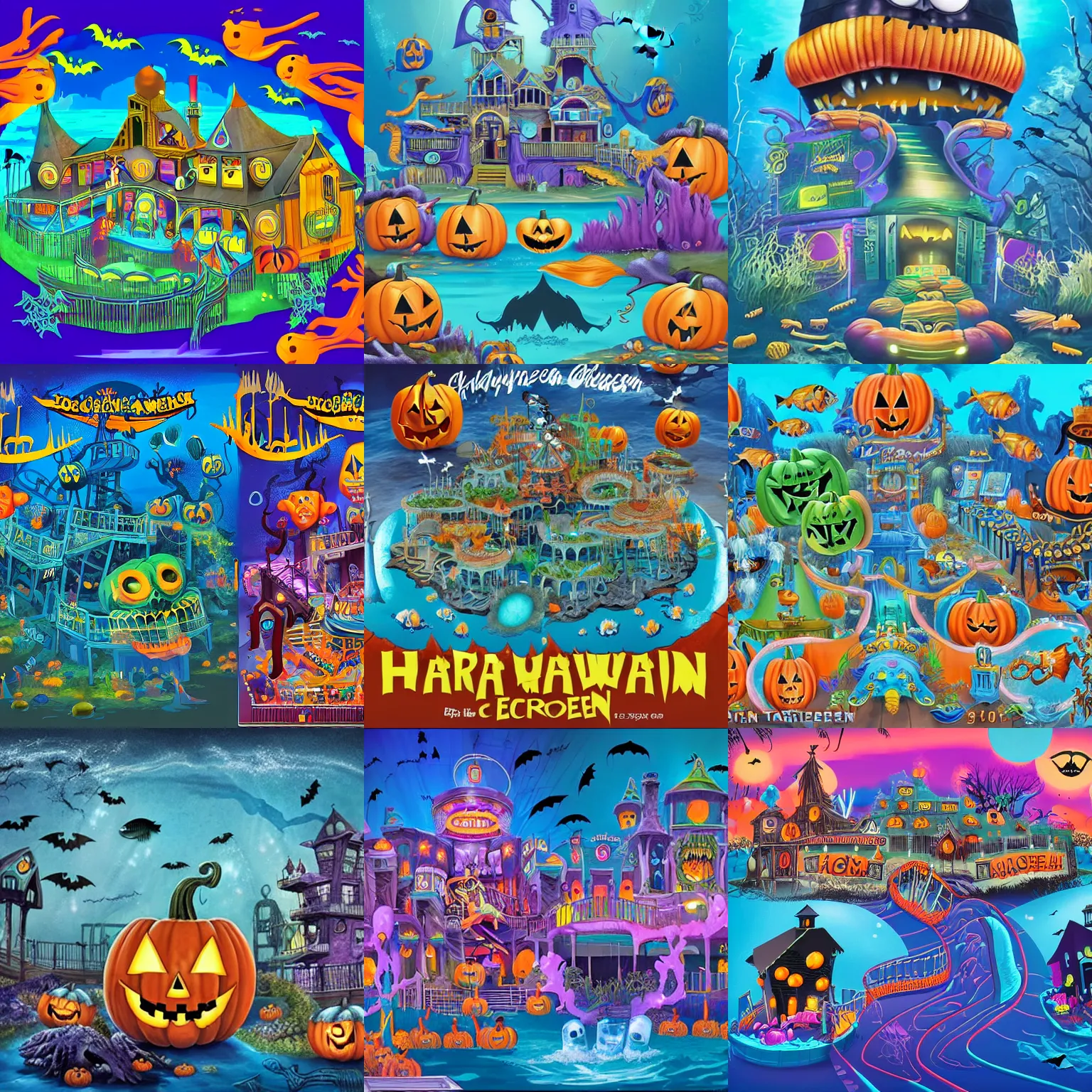 Prompt: a horror based underwater suburban amusement park that incorporates halloween and ocean elements in its design imagery and features attractions as well as houses, halloween decorations, atlantis, amusement park, spooky, amusement park attractions, deep sea, horror themed, fun, in the style of genndy tartakovsky