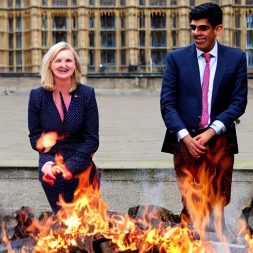 Image similar to Liz truss and Rishi sunak at parliament burning a pile of money. Daily Telegraph.