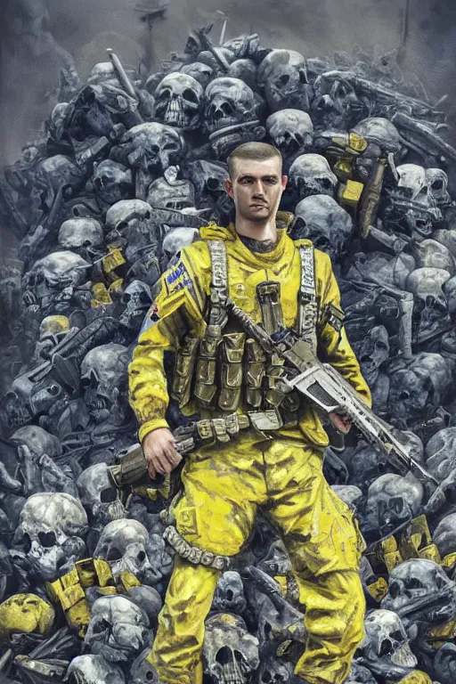 Prompt: a distant shot of a Ukrainian Call of Duty soldier with blue and yellow uniform standing alone on a pile of skulls as a winner, masculine figure, D&D, fantasy, intricate, elegant, highly detailed, extremely detailed, digital painting, artstation, concept art, matte, sharp focus, symmetrical, illustration, art by Artgerm and Greg Rutkowski and Alphonse Mucha