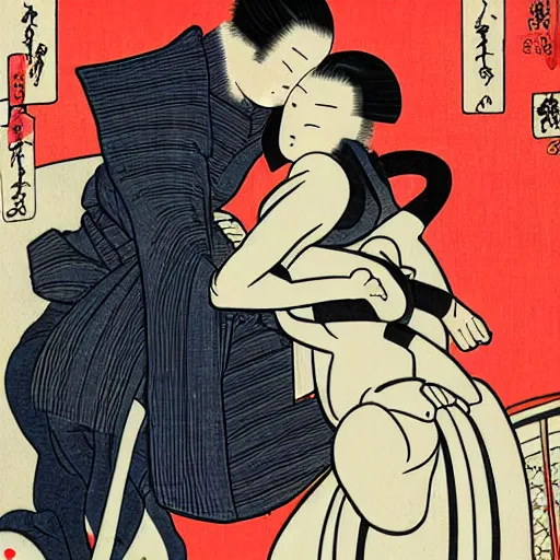 Image similar to a robotic man and woman hugging, shunga style, ukiyo - e art, artstation
