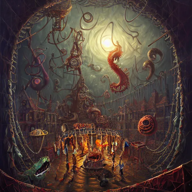 Prompt: the carnival of nightmares, polycount, surrealism, surrealist, cosmic horror, high detail