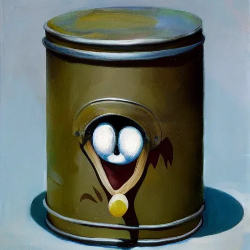 Image similar to a tin can character with a face and arms, opening its mouth, surrealist oil painting