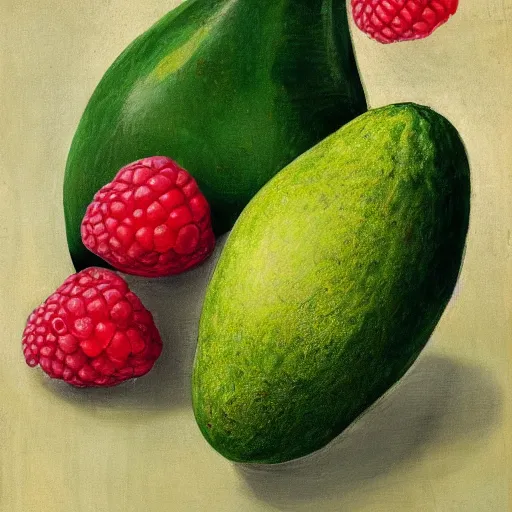 Image similar to an avocado and a raspberry watching the world on burn with fire, done in the style of old botanical illustrations, matisse, caravaggio, basquiat, japanese art, 4 k